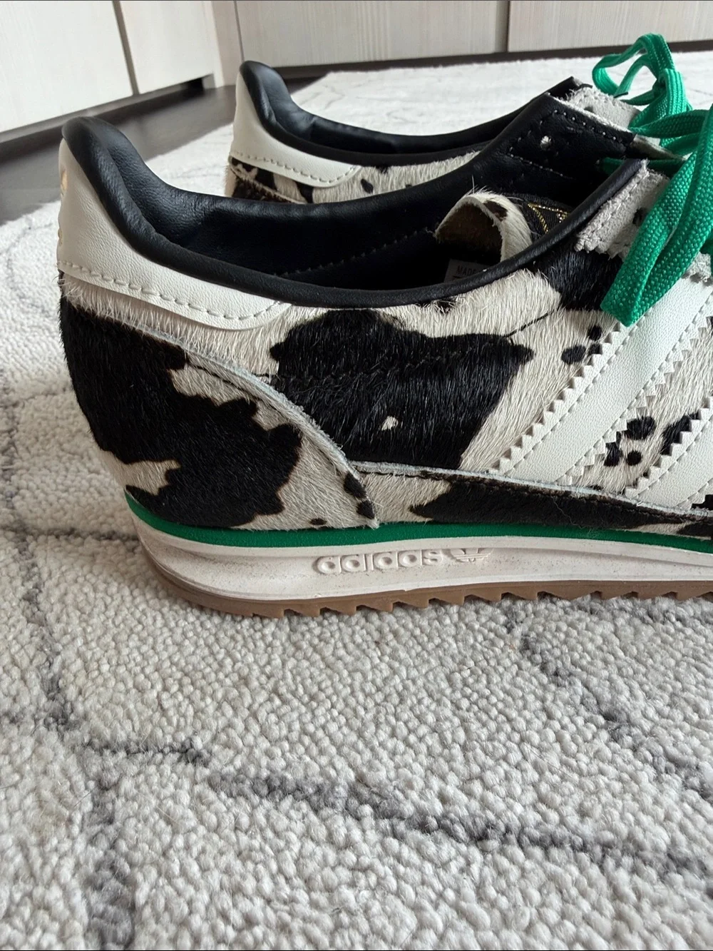 adidas Black & White Cow Print Sneakers with Green Laces - Picture 2 of 4